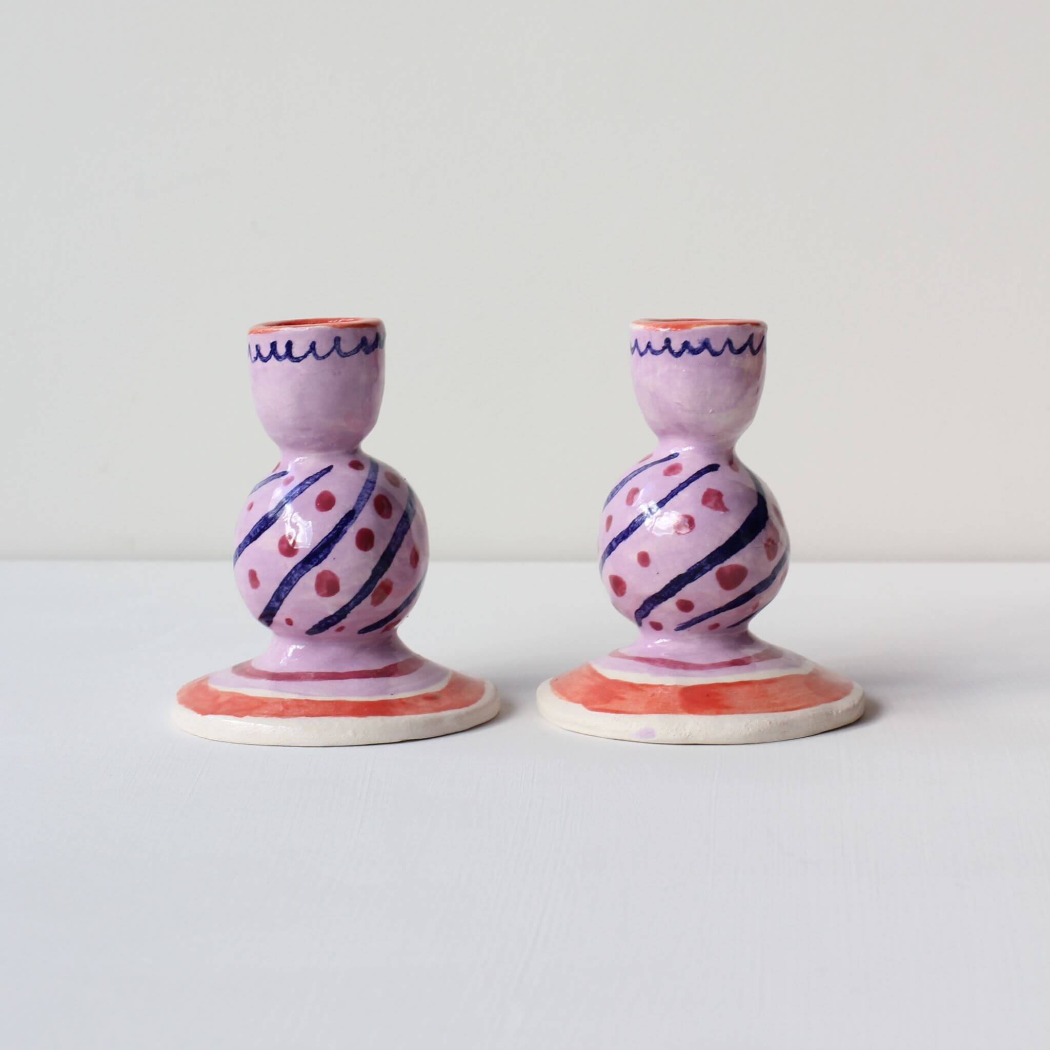 CELIA WOOD Hand Painted Ceramic Candlestick Set - Lavender and Red