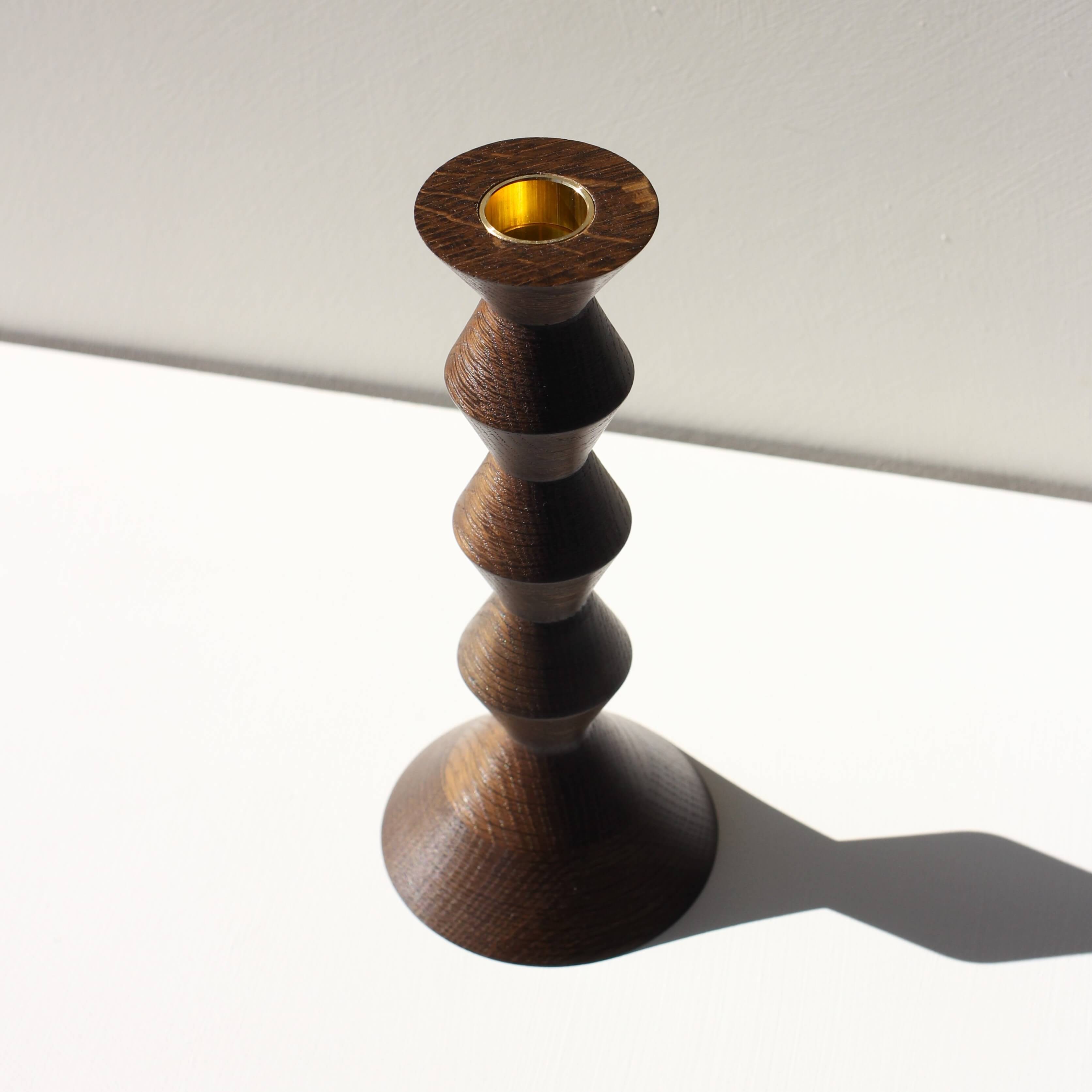 SELWYN HOUSE Tall Stacked Candlestick in Fumed Oak and Brass