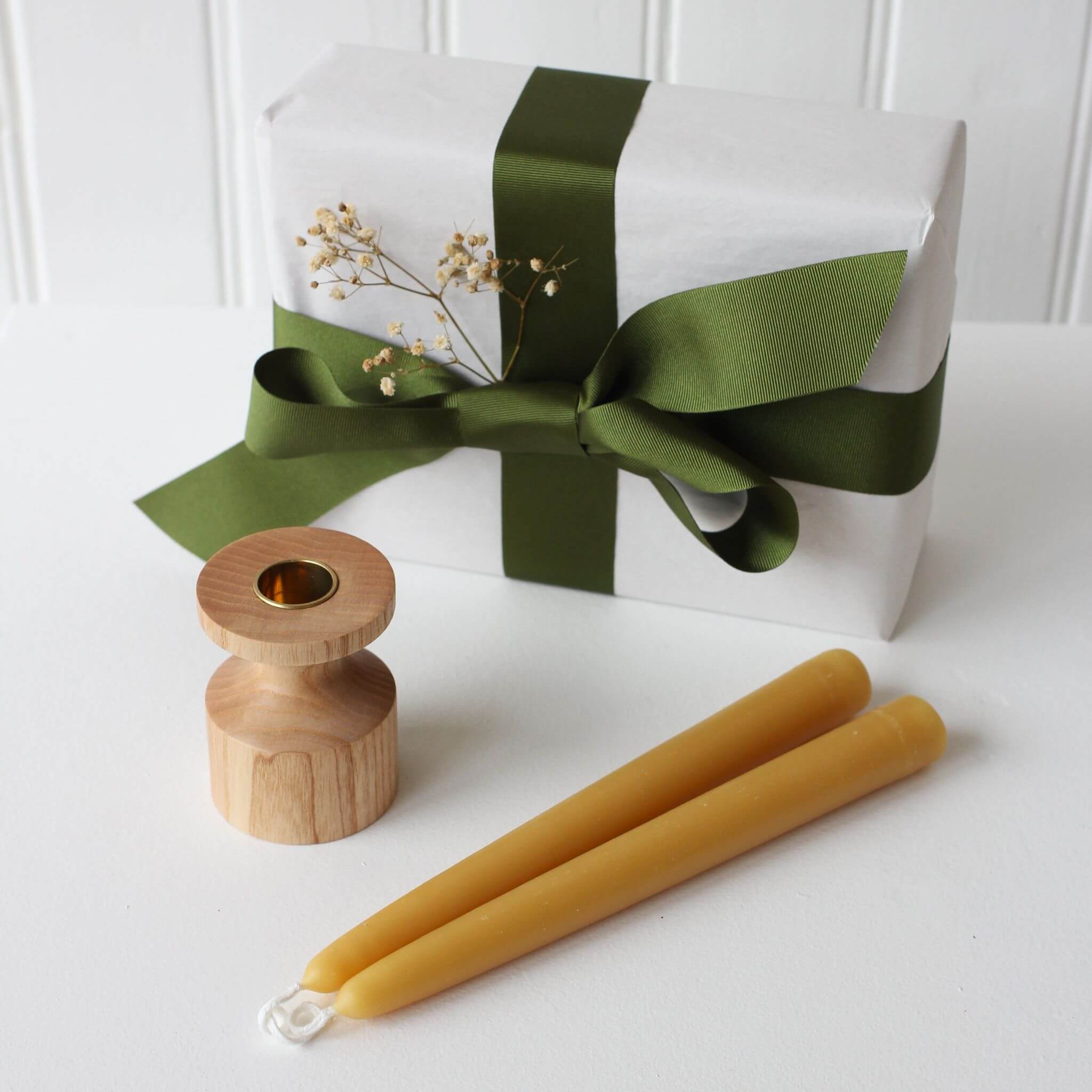 Wood and Brass Candlestick Gift Set